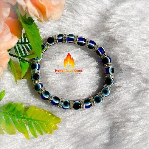 Round Evil Eye Black Blue Stone Stretch Elastic Bead Bracelet