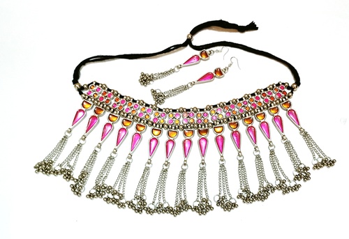 Afghani Style Choker Necklace - Beads & Metal, 16 Inches Long, Pink Color | Elegant Handcrafted Design, Matching Earrings, Ideal for Ethnic Events