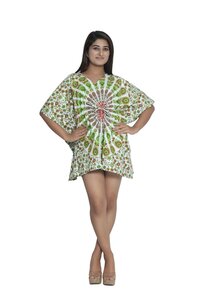 Printed Cotton Short Kaftan - Plus Size (up To 4xl), 29" Length, V Shape Neck, Adjustable Drawstring Waist, Comfortable Beach Wear, All Season