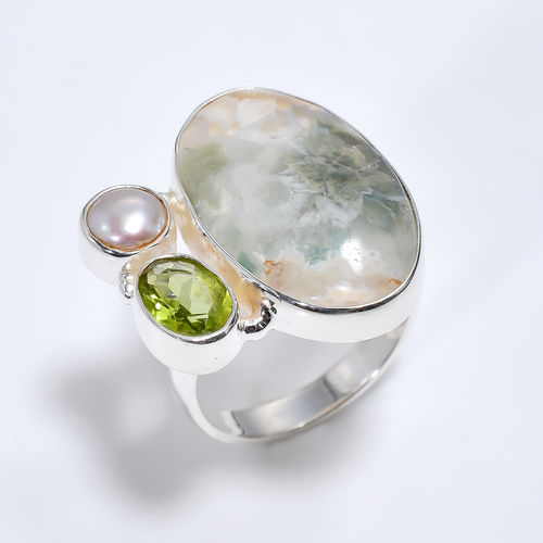 Natural Moss Agate Peridot Gemstone 925 Sterling Silver Three Stone Ring Size US 8 Girl fashion Rings Supplier