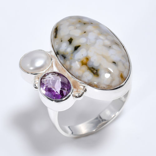 925 Sterling Silver Ring Size US 8 Natural Ocean Jasper Amethyst Gemstone Girls Fashion Ring exporter