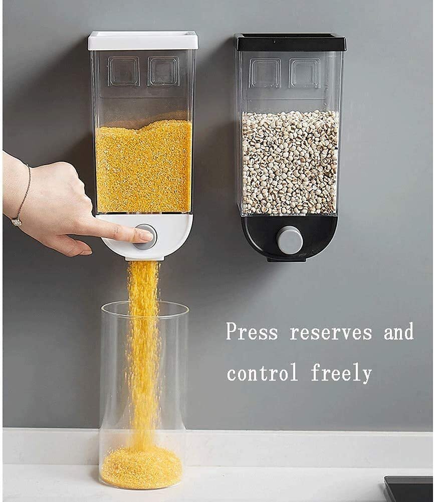 Wall Mounted Plastic Dry Food Rice Grains Cereal Storage Push Button Dispenser Jar for Home and Kitchen