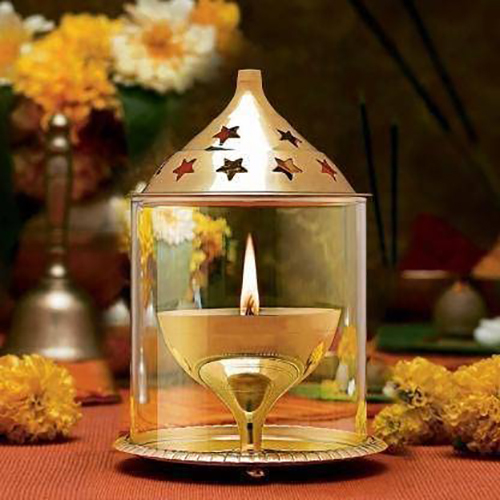 Camping Lantern Decorative Brass Akhand Diya With Glass Oil Lamp