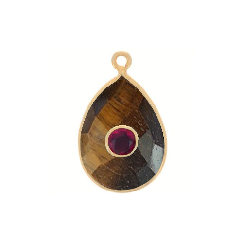 Tiger Eye Gemstone Oval Gold Vermeil Double Stone Bezel Set Charm