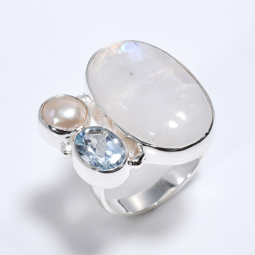 Natural Fire Rainbow Moonstone Blue Topaz Gemstone 925 Sterling Silver Ring Size Us 7 Girls Gender: Women