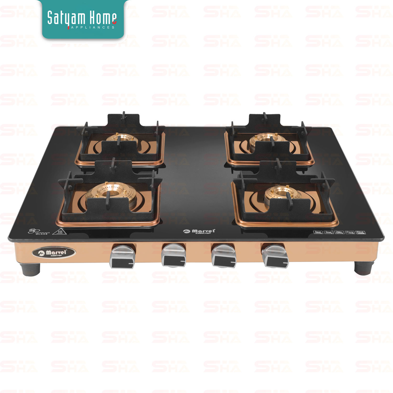 4 Burner Premium Crystal Glass With Rose Gold Mirror Finish Frame Gas Stove