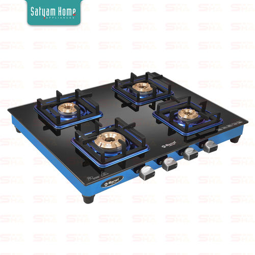 4 Burner Premium Crystal Glass With Blue Mirror Finish Frame Gas Stove