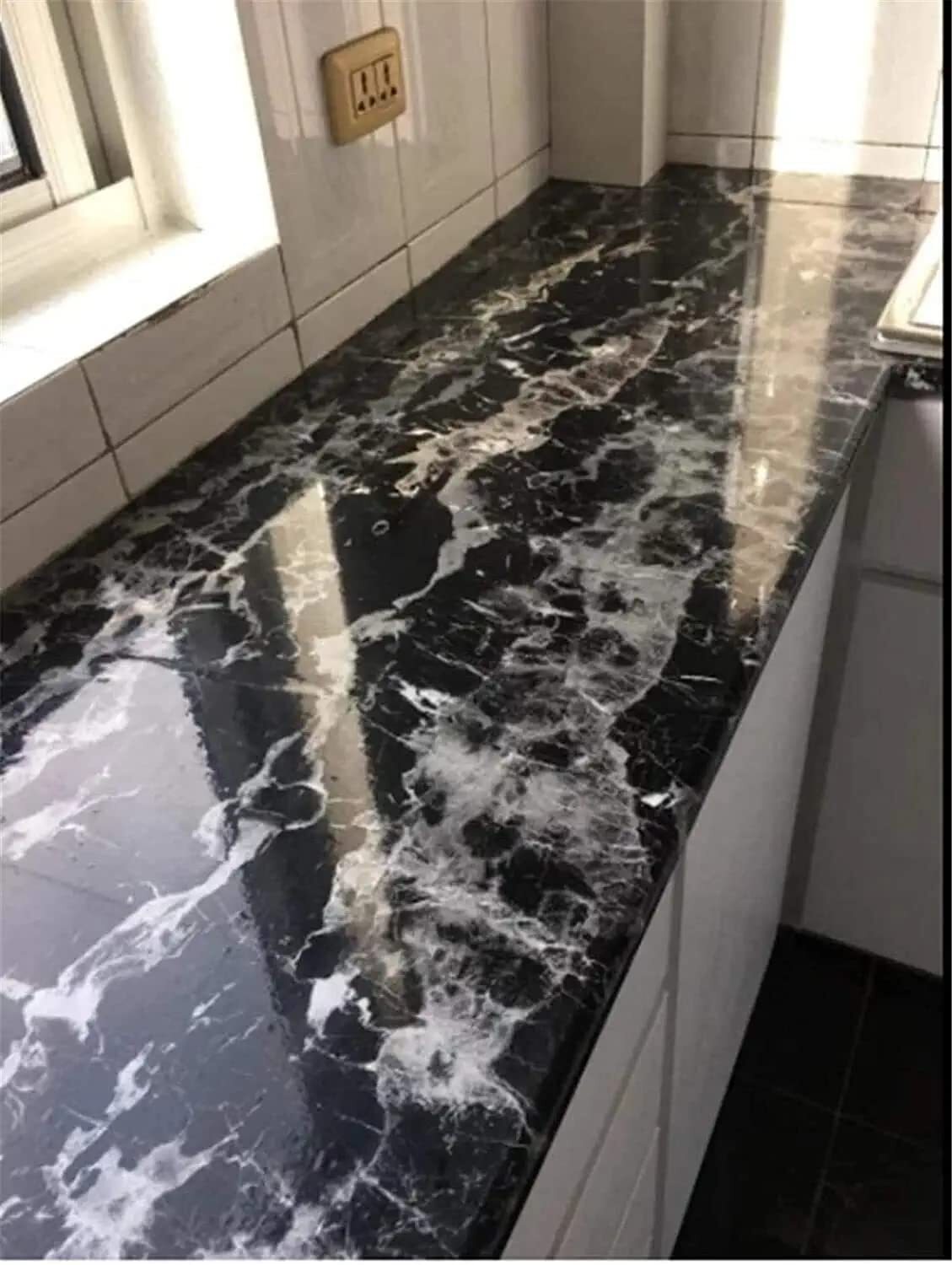 Black Marble Paper Aluminium Foil Stickers Waterproof Sticker Heat Resistant Washable Peel and Stick Aluminum Foil Self Adhesive Oil Proof Waterproof Kitchen Backsplash Wallpaper Stickers