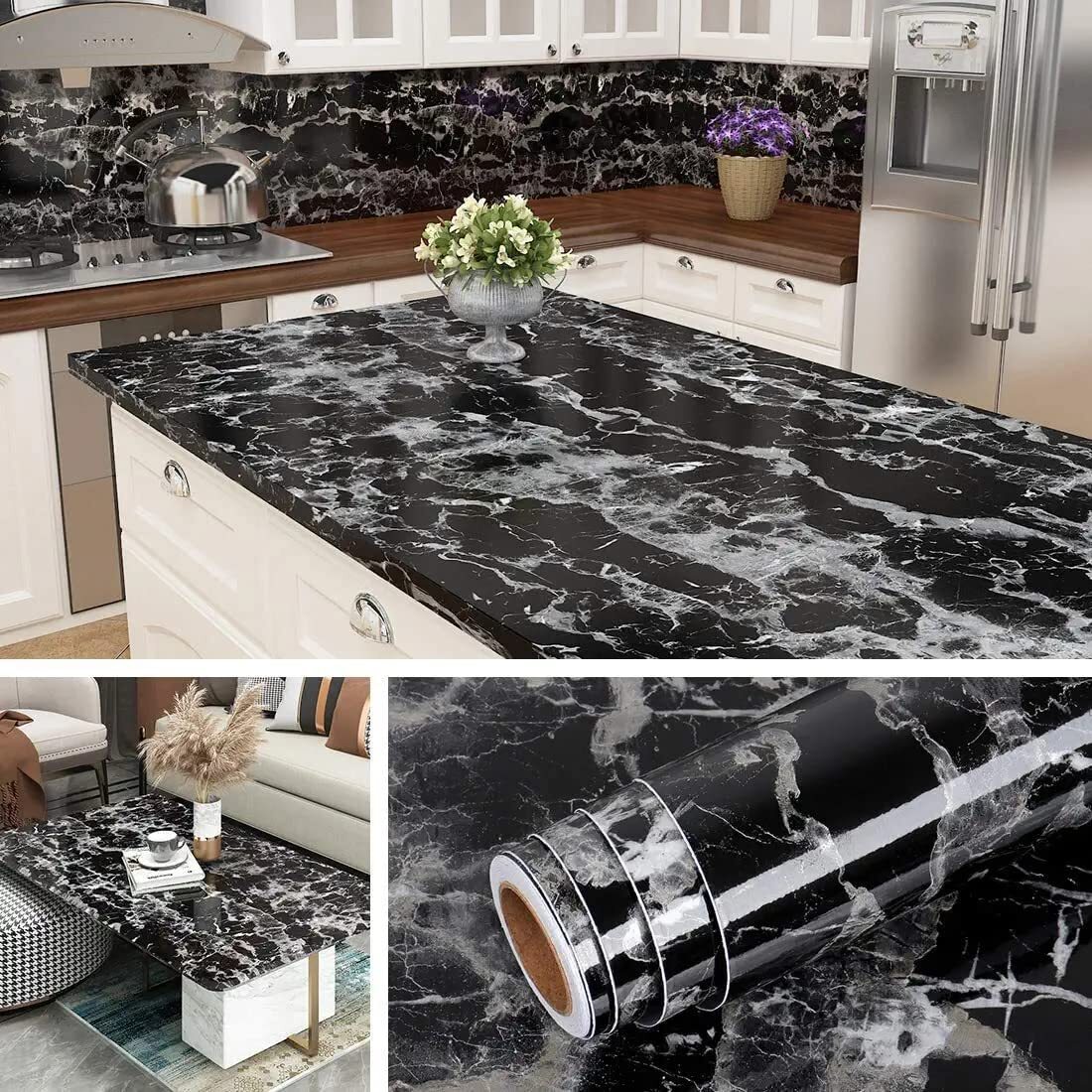 Black Marble Paper Aluminium Foil Stickers Waterproof Sticker Heat Resistant Washable Peel and Stick Aluminum Foil Self Adhesive Oil Proof Waterproof Kitchen Backsplash Wallpaper Stickers