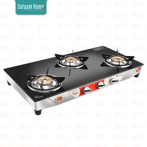 3 Burner Crystal Black Glass With SS Frame (Regular) - Mercury SS 3403