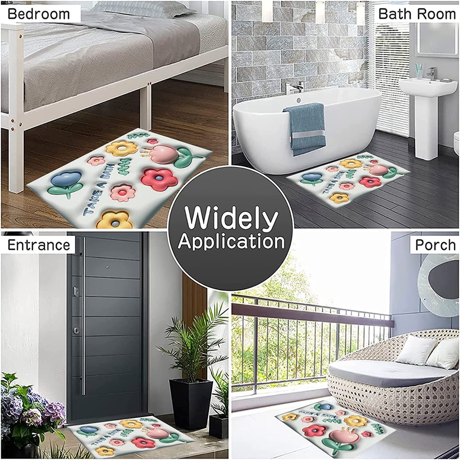 3D mat Visual Anti Slip Absorbent Mat Soft Diatom Mud Super Absorbent Bath Mat Cute Flowers Shower Quick Drying Bathroom Rug Mat Easy to Clean