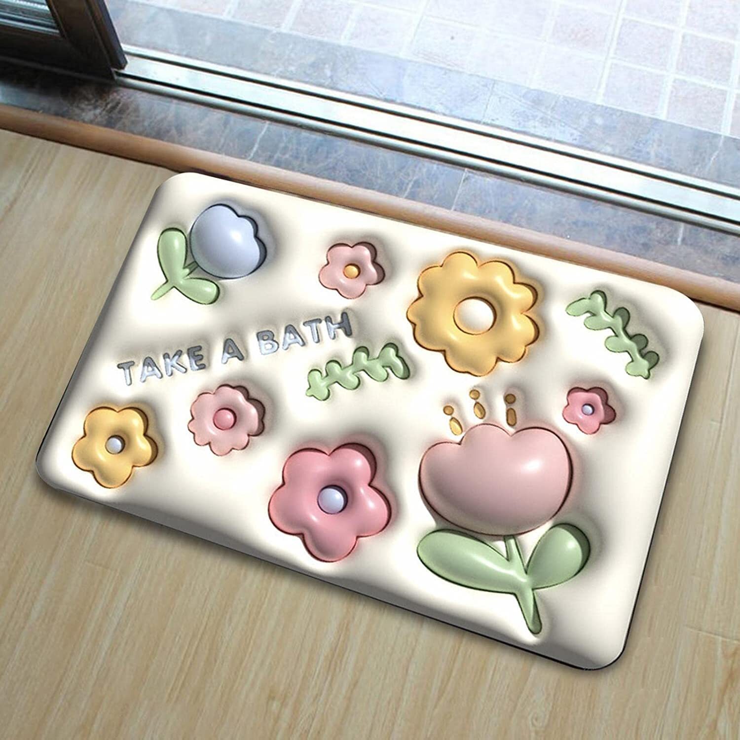 3D mat Visual Anti Slip Absorbent Mat Soft Diatom Mud Super Absorbent Bath Mat Cute Flowers Shower Quick Drying Bathroom Rug Mat Easy to Clean