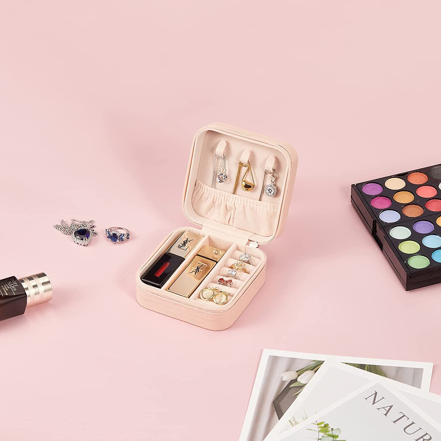 Leather Mini Jewellery box Travel Case Small Travel Jewelry Organizer Portable Jewelry Box Travel Mini Storage Organizer Portable Display Storage Box For Rings Earrings Necklaces pink