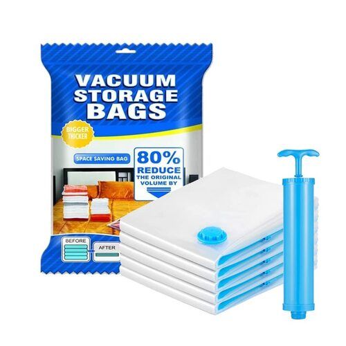 Space Saver Reusable Vacuum Storage Ziplock Compression Sealer Bags for Travel clothes and home Blankets  Quilts with hand Pump Standard Pack of 5