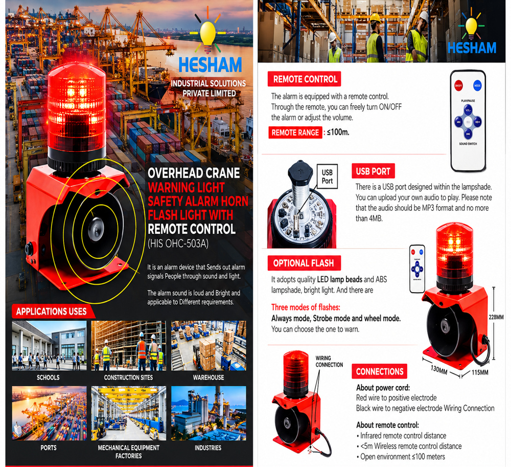 Overhead Crane Warning Light Safety Alarm Horn Flash Light With Remote Control (Flash Light With Remote Control)(His-Ohc-503A) - Alarm Light Color: Red