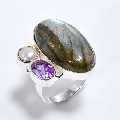 925 Sterling Silver Ring Size US 7 Natural Labradorite Amethyst Gemstone Girls Fashion Rings  Supplier