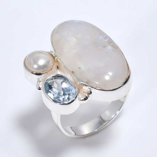 925 Sterling Silver Three Stone Ring Size US 6 Natural Rainbow Moonstone Blue Topaz Gemstone Women Fashion Rings Exporter