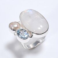 925 Sterling Silver Three Stone Ring Size US 6 Natural Rainbow Moonstone Blue Topaz Gemstone Women Fashion Rings Exporter