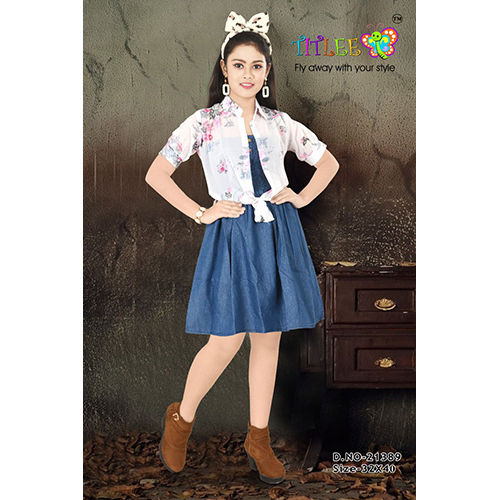 Multicolor Girls Fancy Denim Dress