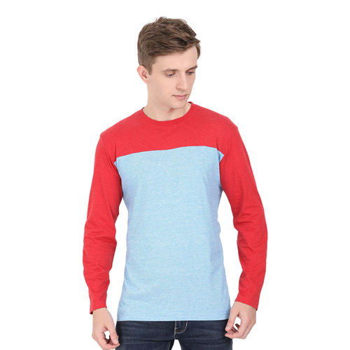 Washable Mens Red And Cyan Colour Blocked Raglan T-Shirts