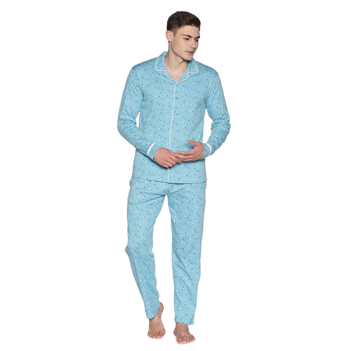 Mens Sky Blue Color Printed Pyjama Set