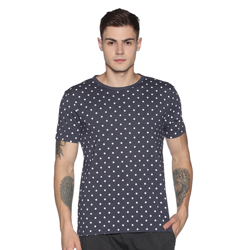 Mens Blue Melange Polka Dots Round Neck T-Shirt