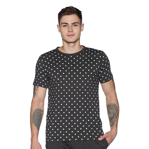 Mens Charcoal Melange Polka Dots Round Neck T-Shirt
