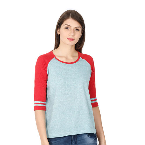 Grey Womens Red And Jade Color Sporty Raglan T-Shirt