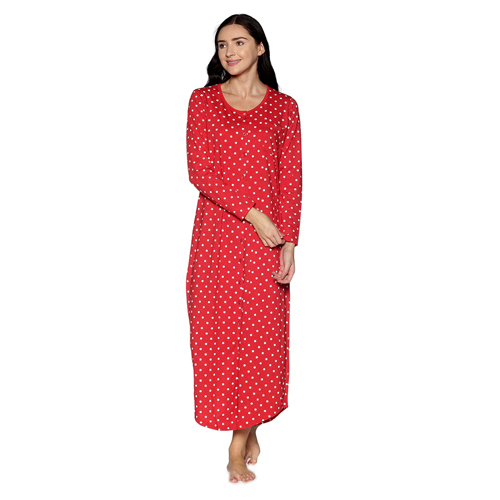 Women Brick Rust Polka Dots Long Night Dress