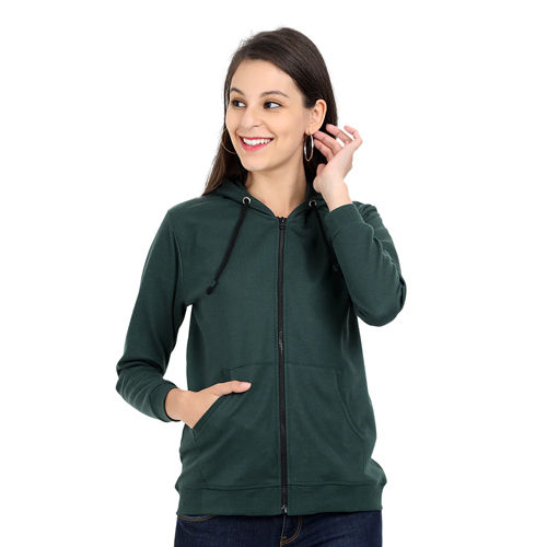 Washable Women Bottle Green Color Hoodie