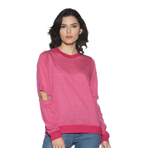 Washable Women Pink Color Elbow Slit Sweatshirt