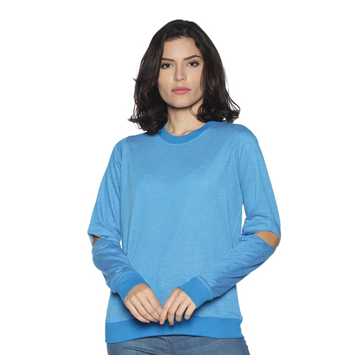 Women Cyan Color Elbow Slit Sweatshirt