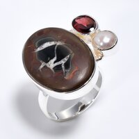 925 Sterling Silver Ring - Size Us 8, Septarian Gronate Garnet & Pearl Three Stone Design For Women, Perfect For Engagement And Anniversary Gifts