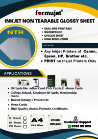 Formujet NTR Sheets - Inkjet Non Tear Glossy Waterproof Sheet for ID Cards