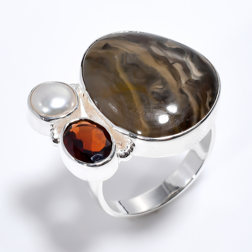 925 Sterling Silver Three Stone Ring Size US 7 Natural Jasper Garnet Gemstone Women Fashion Rings Exporter