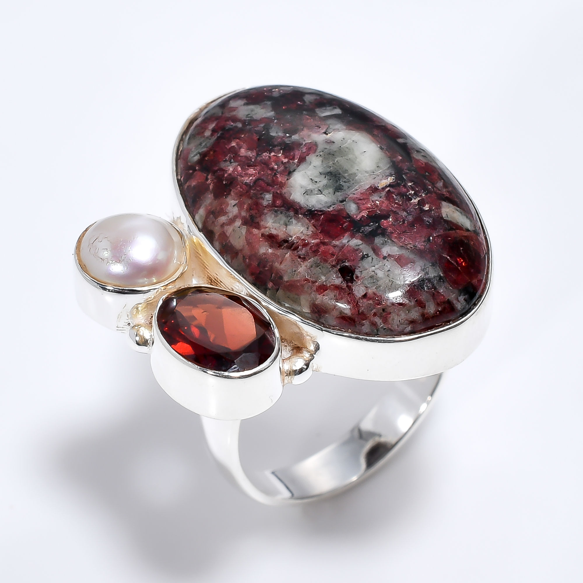 925 Sterling Silver Three Stone Ring Size US 7 Natural Jasper Garnet Gemstone Women Fashion Rings Exporter