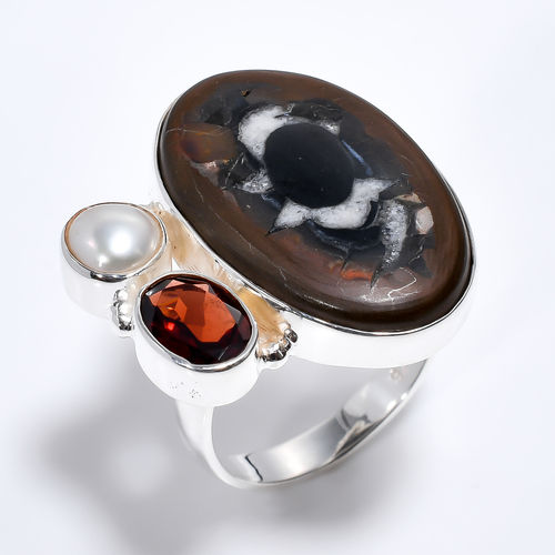 925 Sterling Silver Three Stone Ring Size US 8 Septarian Gronate Garnet Gemstone Ring Girl Fashion Rings Exporter