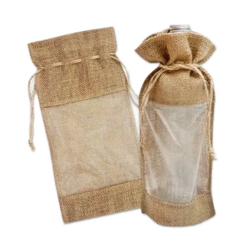Jute Wine Bottle Bags - 12x15 Inches Brown Color | Durable Degradable Environmentally Friendly Recyclable Strong with Drawstring Handle and Modern Stitching