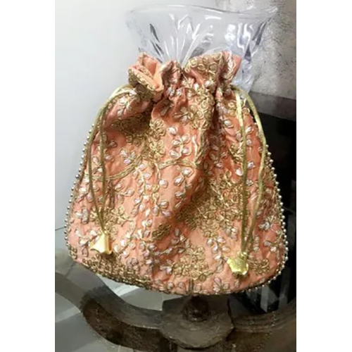 Embroidery Fabric Potli Bag - Cotton Customized Design Weight 150g Peach Color | Embroidery Finish Drawstring Closure Personalized Size & Logo
