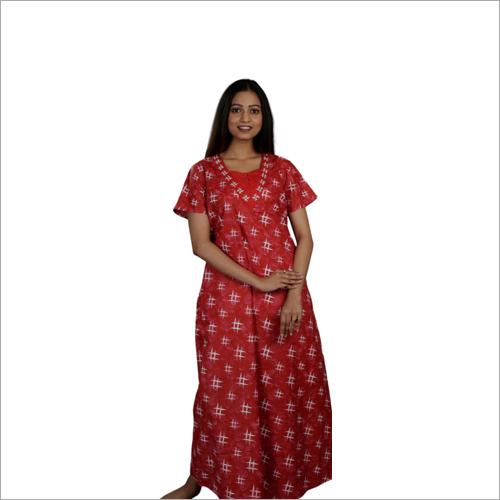 Cotton Nightgown - Loose Fit Half Sleeves | Breathable Printed Red Fabric for Women