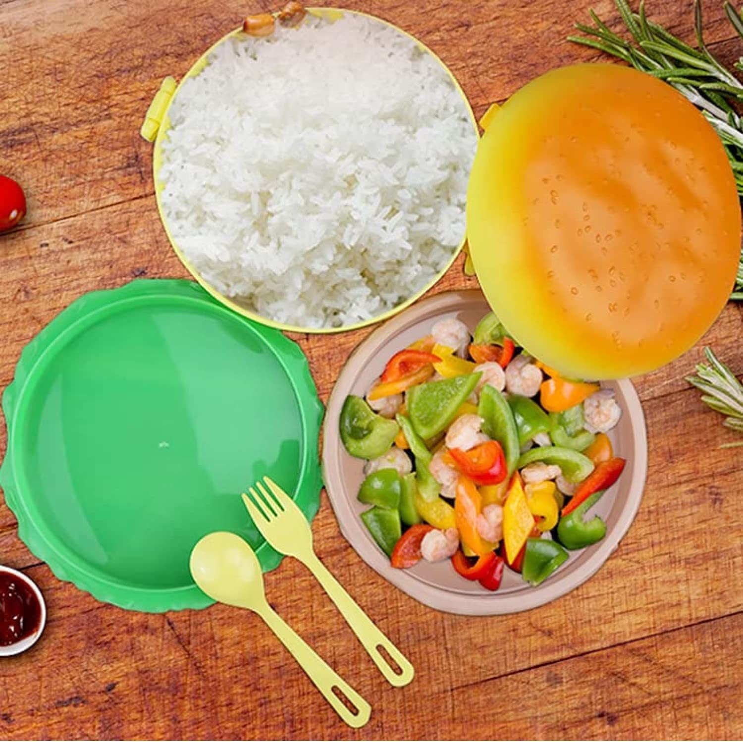 Burger Shape Lunch Box for Kids Lunch Box for Kids Tiffin Box Lunch Box Leak Proof Plastic Lunch Box  with Compartments Multicolor