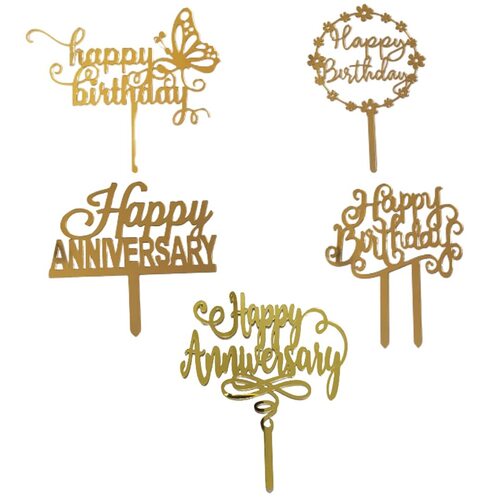 (Happy Birthday Happy Anniversary) Golden Acrylic Cake Toppers