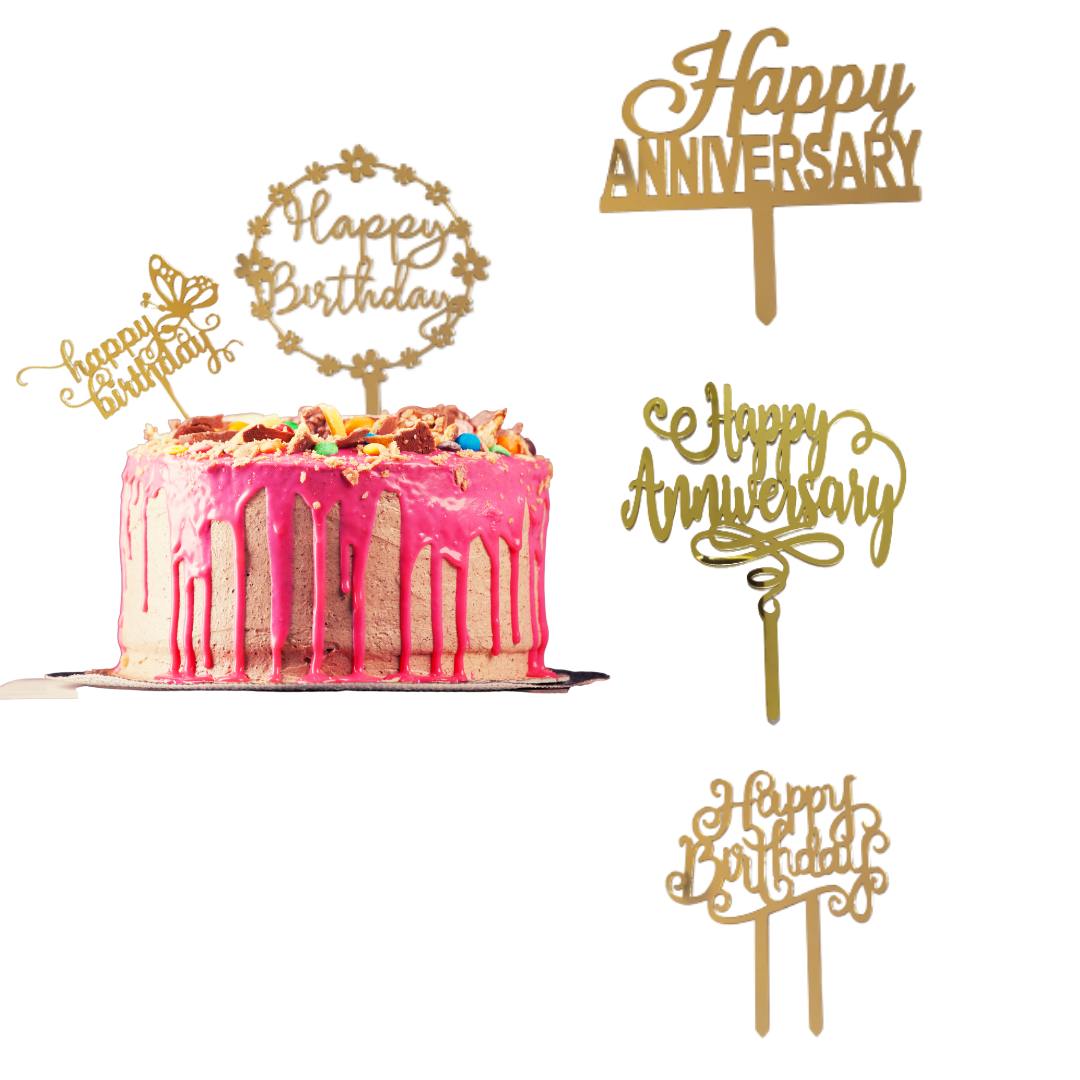Yorkker Cake Toppers (Happy Birthday Happy Anniversary) Golden Acrylic Cake Toppers