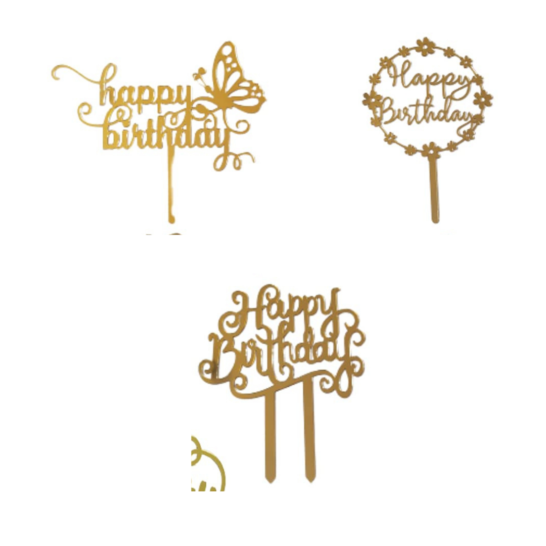 Yorkker Cake Toppers (Happy Birthday Happy Anniversary) Golden Acrylic Cake Toppers