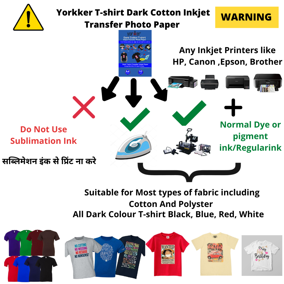 Yorkker T-shirt Dark Cotton Inkjet Transfer Photo Paper Pack of 10 Sheets