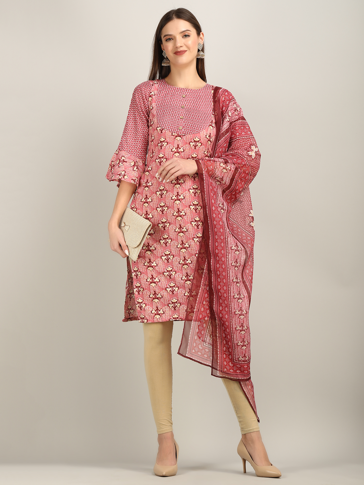 Pink magic print round gala 4buttons kurti P9