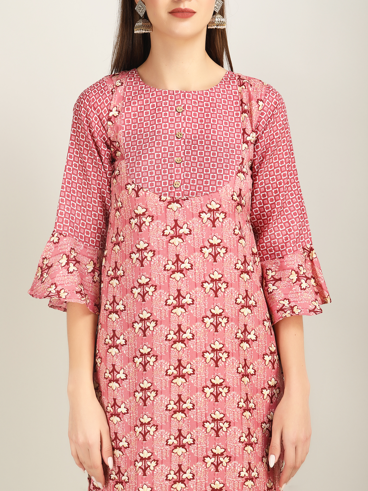 Pink magic print round gala 4buttons kurti P9