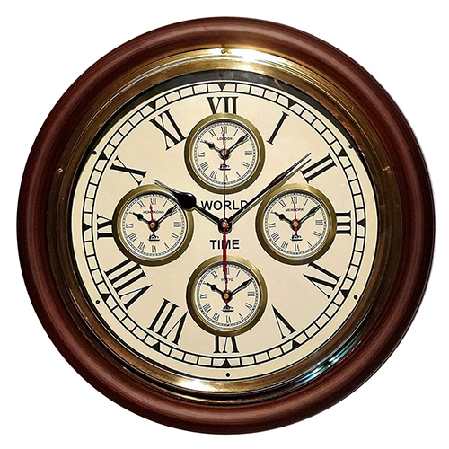 Castle Instruments Wood Wall Clock With 5 Countries Time Brown Gold