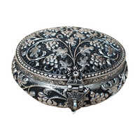 Metal Jewellery Box - High-quality Metal, Medium Size, Polished Silver Finish, Round Shape, Elegant Floral Design | Perfect For Stylish Storage And Gifting