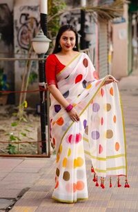 polkadot linen saree